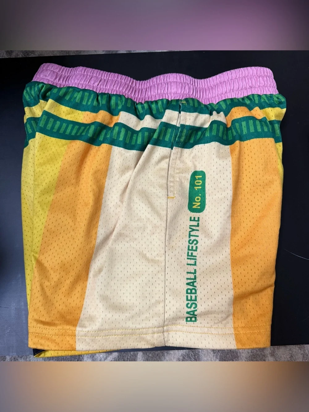 Kids Yellow Athletic Shorts with Pink Waistband and Green Trim